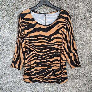 JM‎ Collection Top Womens Medium Brown Animal Print Scoop Neck Dolman Sleeve
